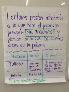 Instructional chart used during a reading minilesson in Guadalajara brings in language readers are expected to use and examples from texts the teacher has read out loud.